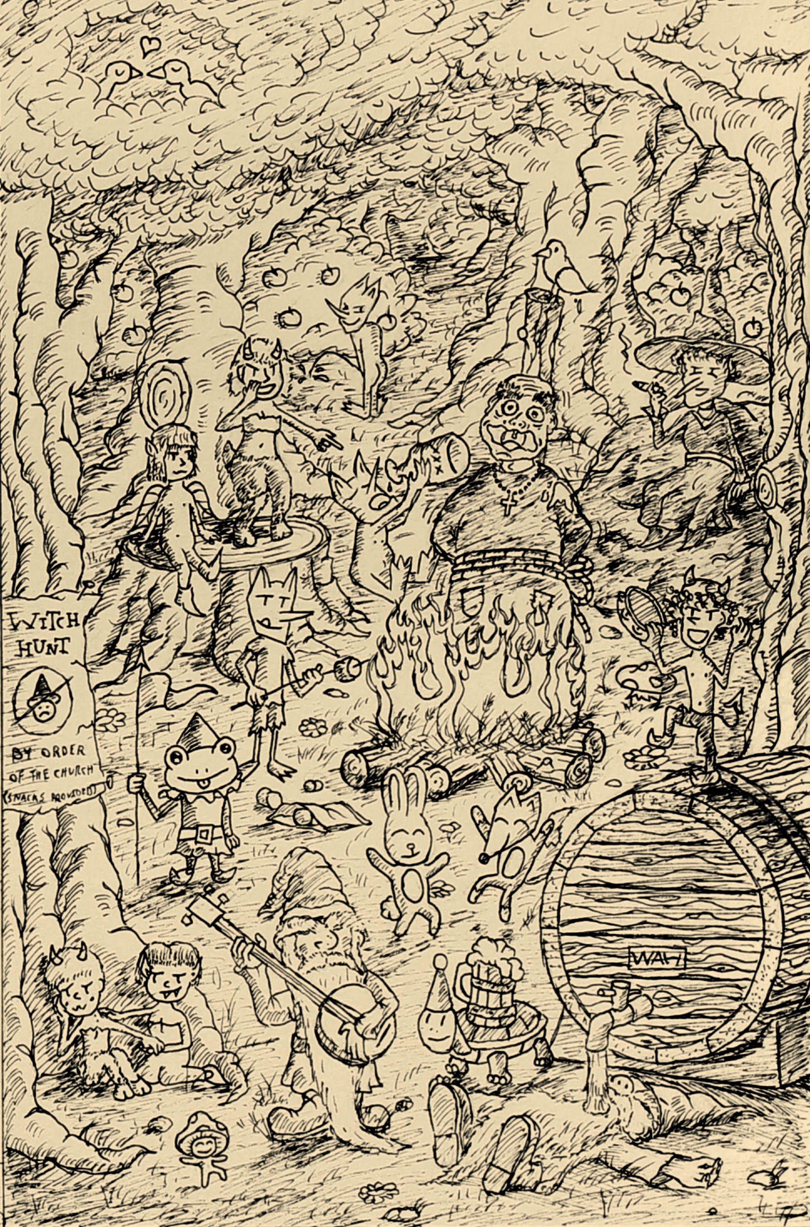 Witch Hunt by Winter Hierholzer, featuring a scene of various cartoon imps and gremlins holding a revelry and burning a friar at the stake.