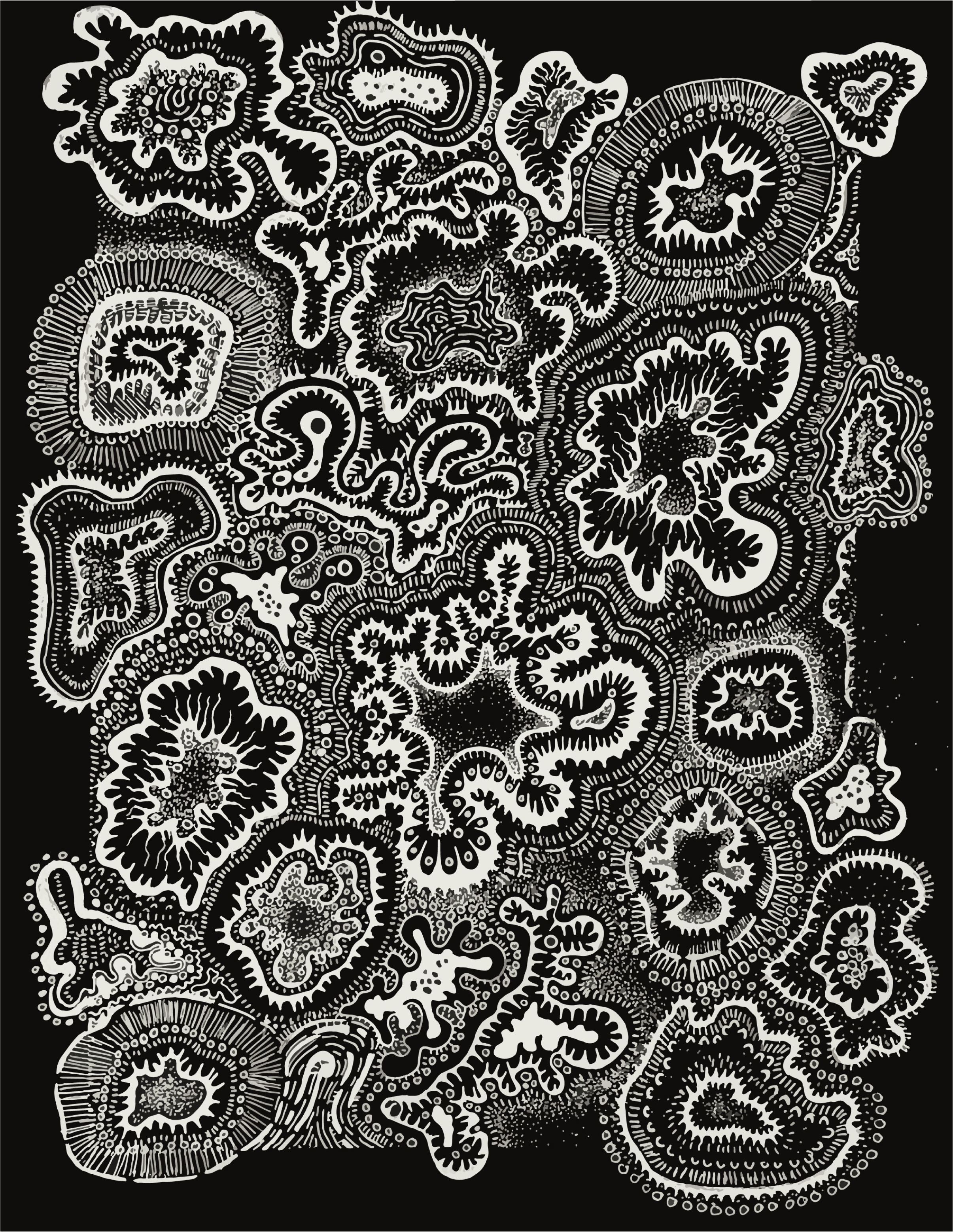 Expansion (Black-White) by Yaeli Dukler, an art piece featuring white, cellular shapes atop a black background
